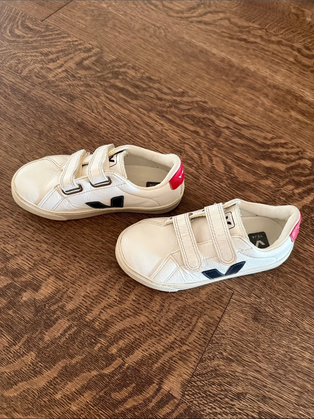 Veja Kids Esplar White Leather Velcro Sneakers with Navy V and Red Heel